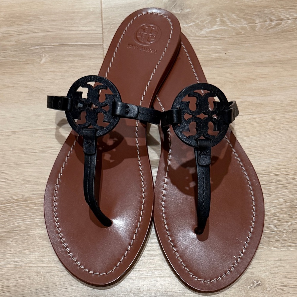 Tory Burch Black and Brown Miller Sandals Flip Flop Size 10